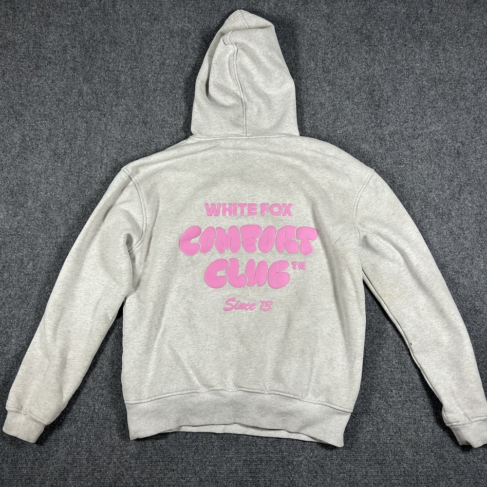 White Fox Boutique Comfort Club Hoodie Grey Pink Puff Print Oversized XS/S #2496 - Picture 3 of 12